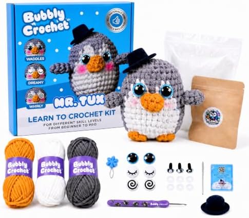 Bubbly Crochet Mr. Tux the Penguin Crochet Kit for Beginners – DIY Penguin Plush with Customizable Eyes & Hat, Step-by-Step Video Tutorials & All-in-One Tools – Amigurumi Craft Kit and Easy Arts by Unknown