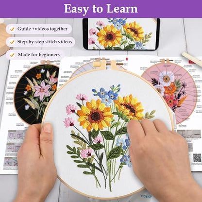 Uniartfy 3 Sets Embroidery Kit for Adults, Flower Pattern Embroidery Practice Kits for Beginners, Needlepoint Cross Stitch Kits Include Hoop, Colorful Threads, Tools, Easy to Learn Video & Instruction - Image 3