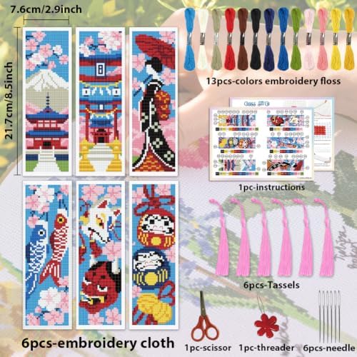 ACRNIGHEET 6PCS Cross Stitch Bookmark Kit for Beginner Stamped Cross Stitch Kits for Adults Japanese DIY Tassel Embroidery Bookmark Kits Needlepoint Kit with Instructions Craft Gift 8.5''x3'' 11CT - Image 2