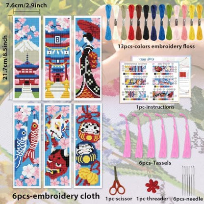 ACRNIGHEET 6PCS Cross Stitch Bookmark Kit for Beginner Stamped Cross Stitch Kits for Adults Japanese DIY Tassel Embroidery Bookmark Kits Needlepoint Kit with Instructions Craft Gift 8.5''x3'' 11CT - Image 2