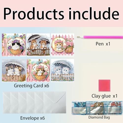 6pcs Rose Cats with Umbrella Diamond Art Painting Greeting Cards Kit with Envelopes, 5D DIY Special Shaped Card Making Kits for Adults, Holiday Birthday Postcards, Creative Craft Gifts - Image 3