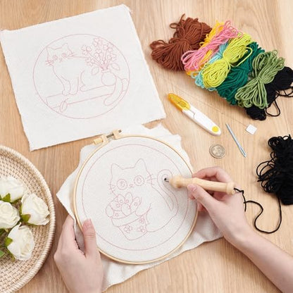 BEUNITONE 2PCS Cat Punch Needle Kit for Adults Beginners, Complete Craft Embroidery Needlepoint Kits with Hoop and Instructions, Punch Needle Starter Craft Set for Home Decor, Festival Gift 20x20cm - Image 4