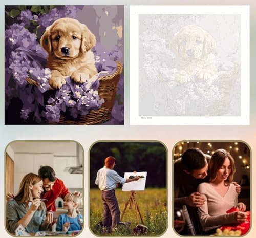 5DDIYART Dog Flowers Paint by Numbers for Adults Beginner, Paint by Number Kits on Canvas, Easy Acrylic Painting Home Wall Decor 15.7x15.7 inch - Image 6