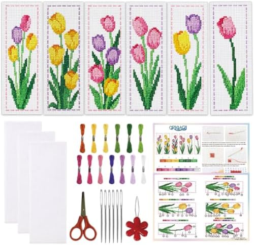 ORIGACH 6 Set Tulip Cross Stitch Bookmark Kit for Beginner by ORIGACH