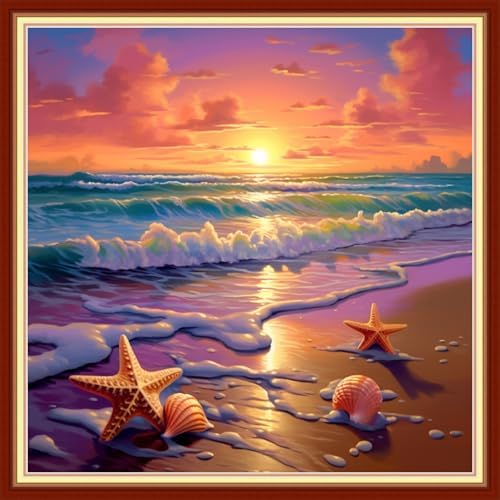 Redxing Stamped Cross Stitch Kits Embroidery kit for Beginners Adults Full Range of Embroidery Patterns Starter Kits DIY Printed Cross Stitch Kits Needlepoint Kits 11CT-Sunrise by Sea 18x18 inchs by RedxingStampedCrossStitchK