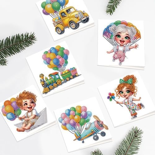 6pcs Diamond Art Painting Kit Greeting Card, Truck Balloon 5D DIY Diamond Handmade Holiday Greeting Card with Envelope, Holiday Gift Congratulation - Image 5