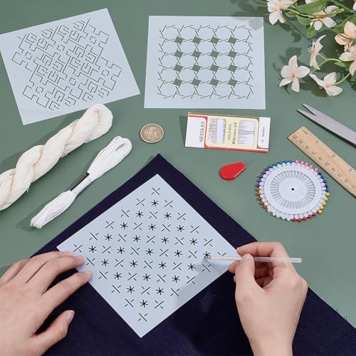 INFUNLY 3 Set Sashiko Drawstring Bag Kit DIY Sashiko Coin Purse Navy Blue Fabric Set for Beginners Make Your Own Tote Bag Thread Needles Hand Sewing Kit for Adults - Image 4