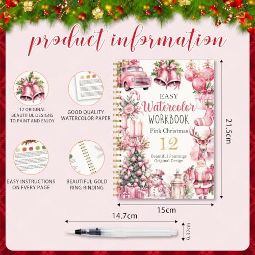 Pink Christmas Watercolor Workbook, Xmas Painting Book with 12 Designs - Image 2