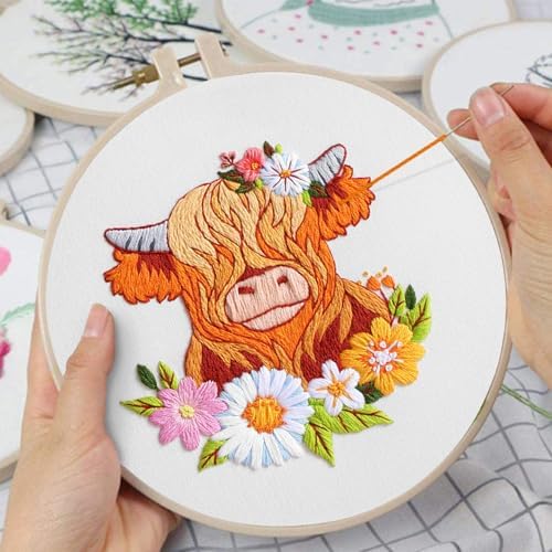 Louise Maelys 3 Set Highland Cow Embroidery Kit for Beginners Floral - Image 5