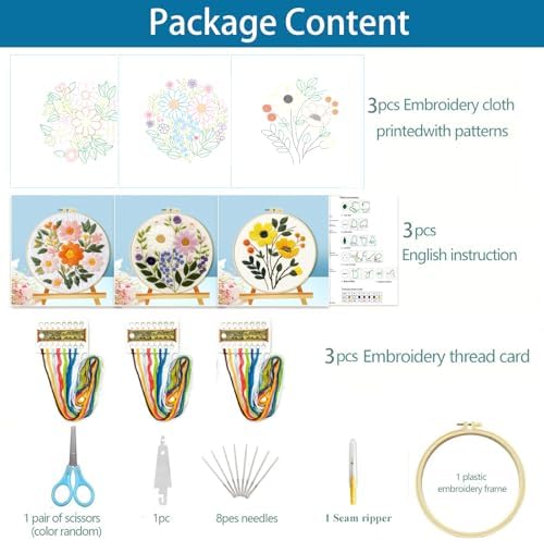 Zhenqing Floral Embroidery Kit for Beginners, 3 Patterns, 7.8in Hoop - Image 3