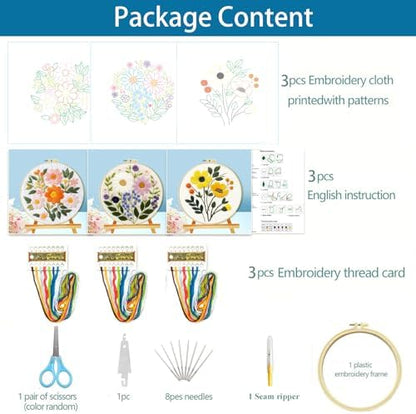 Zhenqing Floral Embroidery Kit for Beginners, 3 Patterns, 7.8in Hoop - Image 3