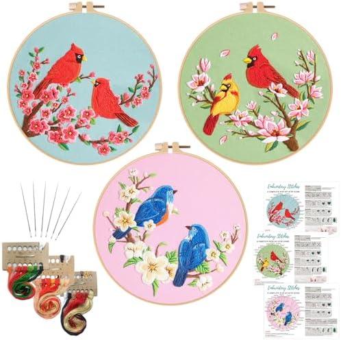 Nuberlic 3 Pack Embroidery Kit for Beginners with Cardinal & Blue Bird by Nuberlic