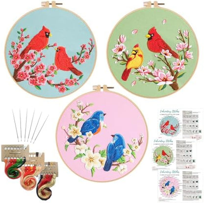 Nuberlic 3 Pack Embroidery Kit for Beginners with Cardinal & Blue Bird by Nuberlic