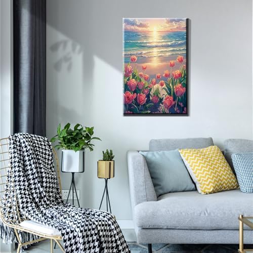 JOOZ Paint by Numbers Kit for Adults with Frame, Flowers Paint by Numbers for Adults, Seaside Sunset Paint by Number with Easel, DIY Tulip Oil Painting Kit for Home Wall Decor 8 x 12 Inch - Image 5