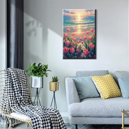 JOOZ Paint by Numbers Kit for Adults with Frame, Flowers Paint by Numbers for Adults, Seaside Sunset Paint by Number with Easel, DIY Tulip Oil Painting Kit for Home Wall Decor 8 x 12 Inch - Image 5