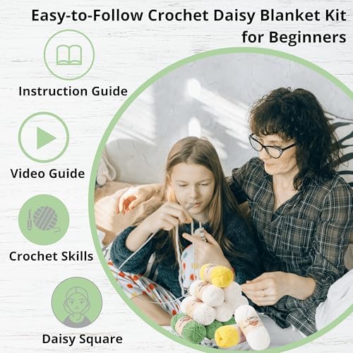 CSWCS Crochet Blanket Kit for Beginners, Daisy Granny Square Throw Kit for Adults, Easy Learn How to Knitting with Yarn & Hook, Complete Starter Set with Step-by-Step Instructions (47" x 39") - Image 4