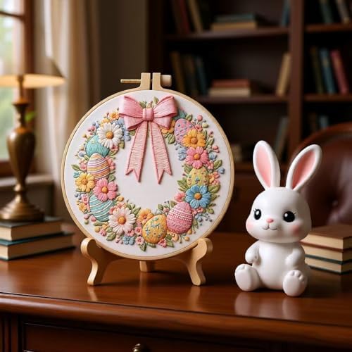 JJFox Embroidery Kit for Beginners and Adults, DIY Hand Embroidery Starter Kit with Cute Pattern, Cross Stitch Needlepoint Set with Hoop, Threads and Instructions (Easter Wreath) - Image 3