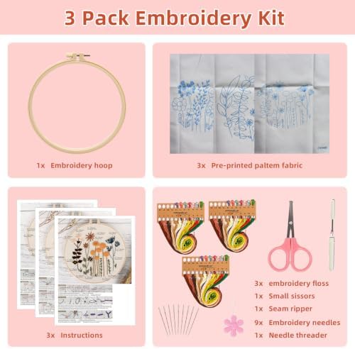 Herdiese Embroidery Kit for Beginners & Adults, 3 Floral Patterns & Hoop - Image 2