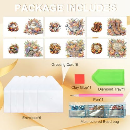 6 Pack Thanksgiving Diamond Painting Greeting Card Kits, DIY Fall Harvest Rhinestone Cards with Envelopes, Autumn-Themed Diamond Art Craft Set with Pumpkins, Corn, Grapes and Give Thanks Message - Image 3
