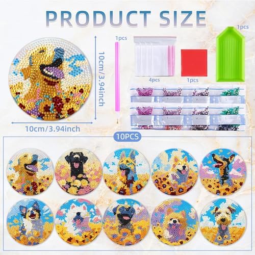 EWJRNSF 10 PCS Dog Diamond Art Coasters DIY Kit with Holder for Adults - Image 2