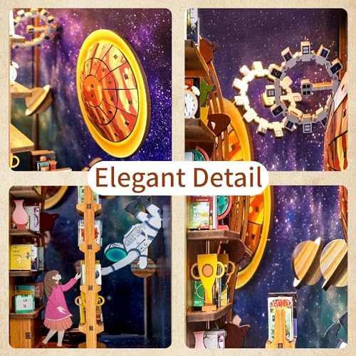 Tonecheer DIY Book Nook Kit for Adults,3D Wooden Puzzle Bookend Bookshelf Insert Library Decor, Booknook Miniature House Kit with Body Motion Sensor LED Light（Interstellar） - Image 2