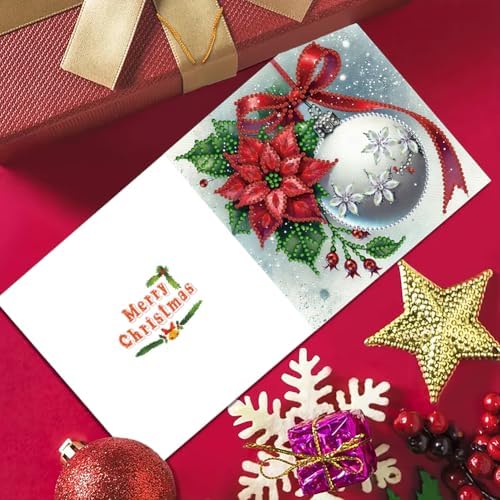 jinglinhh 6pcs Christmas Poinsettia Balls Diamond Art Painting Greeting Cards with Envelopes, DIY Card Making Kits for Adults, Diamond Art Postcards Christmas Cards Craft Gifts - Image 7