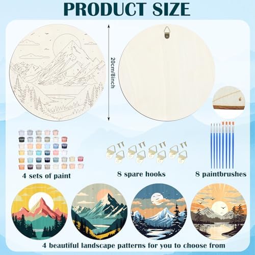 Faccito 4 Pack Wooden Landscape Paint by Numbers Kit for Adults Beginners 8 Inch Unfinished Round Wood Board Acrylic Paint Nylon Brush Hook Distant Mountains Sunset Lake DIY Crafts for Home Wall Decor - Image 3