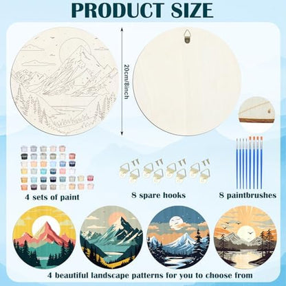 Faccito 4 Pack Wooden Landscape Paint by Numbers Kit for Adults Beginners 8 Inch Unfinished Round Wood Board Acrylic Paint Nylon Brush Hook Distant Mountains Sunset Lake DIY Crafts for Home Wall Decor - Image 3