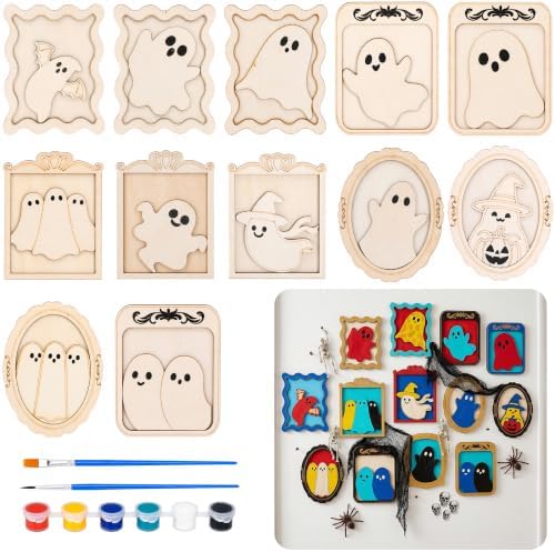 12 Pack Halloween DIY Wooden Ghost Frame Craft, Ghost Wood Painting Crafts by codree