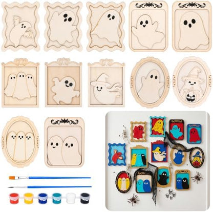 12 Pack Halloween DIY Wooden Ghost Frame Craft, Ghost Wood Painting Crafts by codree