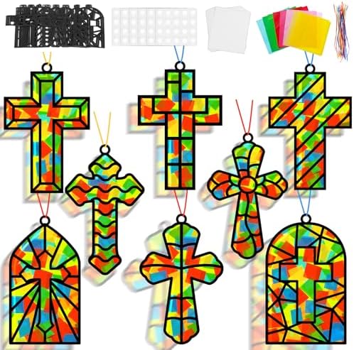 Lonfliness 32 Set Cross Suncatchers Craft DIY Religious VBS Window Stain Glass Effect Paper Christian Home Sunday Easter Decorations Art Craft Creative Activity Project Gift Favor by Lonfliness