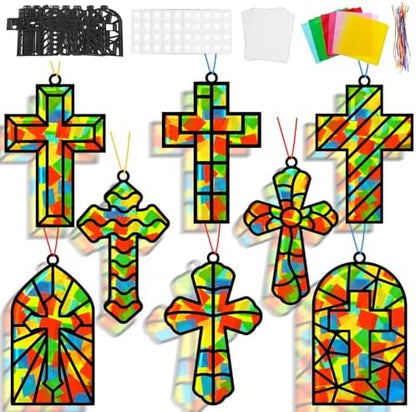 Lonfliness 32 Set Cross Suncatchers Craft DIY Religious VBS Window Stain Glass Effect Paper Christian Home Sunday Easter Decorations Art Craft Creative Activity Project Gift Favor by Lonfliness