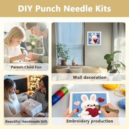 Doodlream Love Bunny Needle Kit for Beginner, 9.4"x 9.4" Cute Rabbit Punch Stitching Craft Set, DIY Embroidery Starter with Printed Frame, Instruction, Threader, Yarn, Pinch Needle - Image 4
