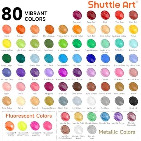 Shuttle Art 80 Colors Acrylic Paint, Acrylic Paint set with 12 Paint Brushes, 2oz/60ml Bottles, Rich Pigmented, Premium Paints for Artists, Beginners and Kids on Canvas Rocks Wood Ceramic - Image 3