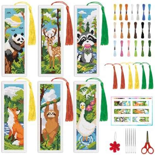 INFUNLY Forest Animals Cross Stitch Bookmark Kit 10x7.7 Wildlife Stamped Embroidery Bookmark Set Fox Raccoon Panda Needlework Bookmarks Kit Deer Goose Handmade Cross Stitch Bookmarks for Writer Gift by INFUNLY