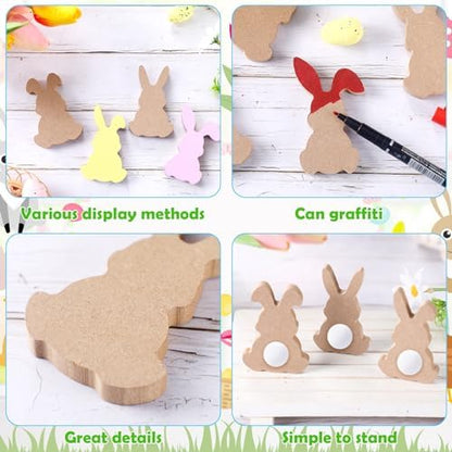 Menkxi 22 Pcs Easter Wooden Bunny Cutouts for Crafts Unfinished Easter Wood Cutouts Bunny Table Sign Rabbit Tabletop Decoration with 22 White Felt Balls Pom Ball 60 Adhesive Dots for DIY Craft Spring - Image 3