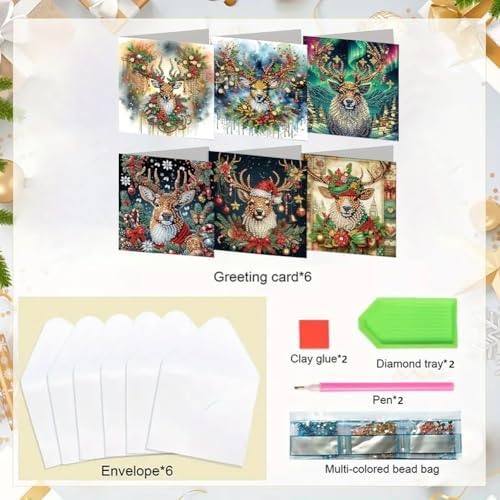 Diamond Art Christmas Cards Kit, 6PCS DIY Diamond Painting Christmas Cards with Envelopes, 5D Diamond Dot Greeting Cards for Adults, Xmas Card for Holiday Crafting Gifts (Christmas Elk) - Image 5