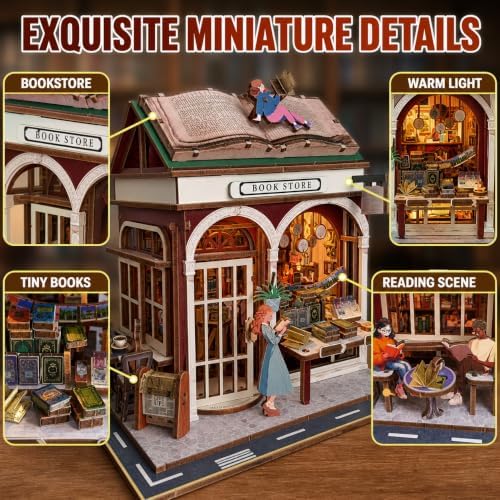 Evankin Bookstore Book Nook Kit, DIY Miniature House with LED Light - Image 4