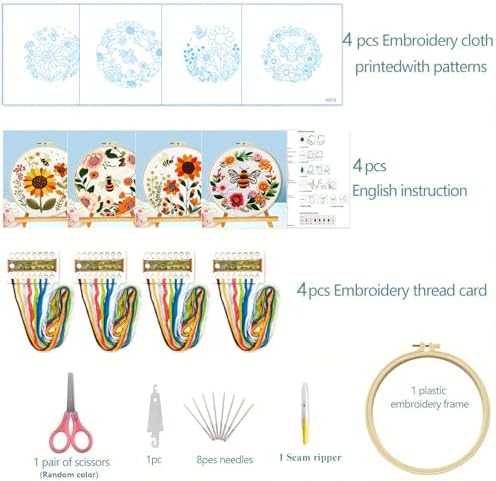 Zhenqing Bees & Flowers Embroidery Kit 11.4x11.4cm - 4-Piece Complete Cross Stitch Set with Pre-Printed Fabric, Threads, Hoop, Needles & Instructions | DIY Craft for Adults, Beginners-Friendly (C0046) - Image 4