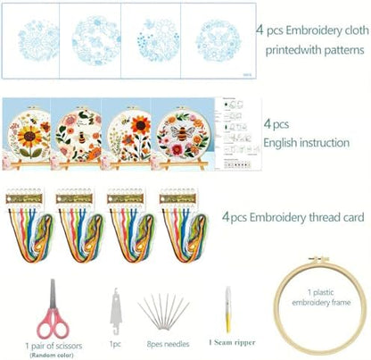 Zhenqing Bees & Flowers Embroidery Kit 11.4x11.4cm - 4-Piece Complete Cross Stitch Set with Pre-Printed Fabric, Threads, Hoop, Needles & Instructions | DIY Craft for Adults, Beginners-Friendly (C0046) - Image 4