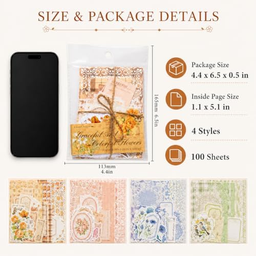 400Pcs Vintage Floral Scrapbooking Kit, Paper & Stickers - Image 2