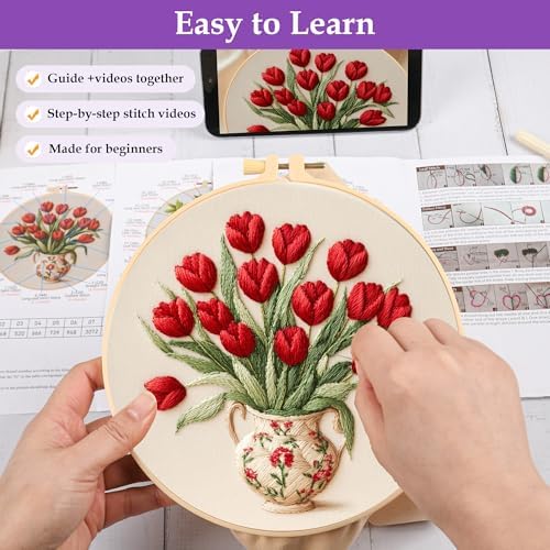 3 Pack Embroidery Kit for Adult Beginners, Needlepoint Cross Stitch Kits with Flower and Green Plant Stamped Patterns, Embroidery Hoop, Tools,Colorful Threads,Step by Step Instructions,DIY Starter Kit - Image 3