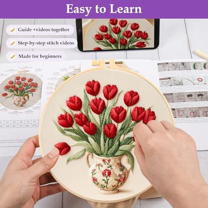 3 Pack Embroidery Kit for Adult Beginners, Needlepoint Cross Stitch Kits with Flower and Green Plant Stamped Patterns, Embroidery Hoop, Tools,Colorful Threads,Step by Step Instructions,DIY Starter Kit - Image 3