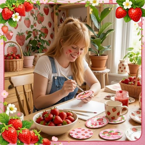Reallnaive 8 Pcs Strawberry Paint by Numbers Kit for Adults Wooden Coasters - Image 2