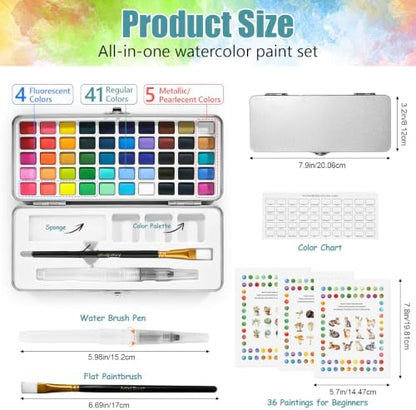 CraftyManor 3PCS Watercolor Workbook for Beginners, 50 Colors Water Color Paint Set with Palette & Brushes, Creative 36 Original Patterns Adult Coloring Book (50Color（C&M&S）) - Image 2