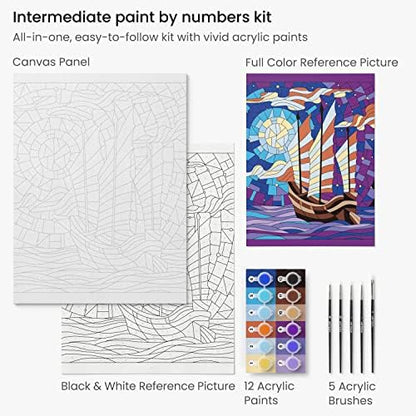 ARTEZA Paint by Number for Adults, 12x16 Inches, 21 Pieces, Boat Paint by Numbers Kit, Comes with 1 Canvas Panel, 12 Acrylic Paint Pots, 5 Paintbrushes, Art Supplies for Beginners & Hobby Painters - Image 3