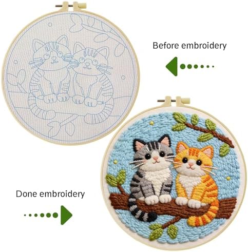 JOZYSH Punch Needle Embroidery Starter Kits for Beginners Cute Snow-White cat Curled up Comfortably on a Branch Adorned Hoops,Color Threads,Instructions and Needles,DIY Adults Embroidery (Cat) - Image 4