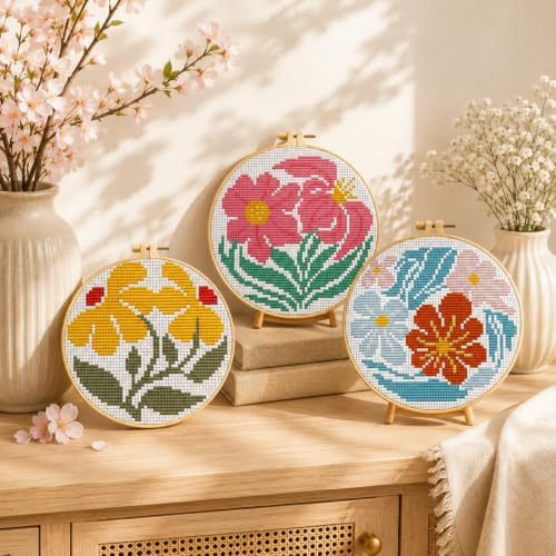 3 Pack Flower Stamped Cross Stitch Kits for Beginners,with Hoop 6x6 inch - Image 2