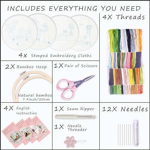 Bonroy 4 Sets Embroidery Set for Beginners, Art Craft, Easy Sewing, Includes Embroidery Clothing, Pattern, Embroidery Hoop, Instruction Manual, Colorful Thread Stitch Set (Cat) - Image 2