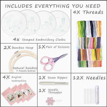 Bonroy 4 Sets Embroidery Set for Beginners, Art Craft, Easy Sewing, Includes Embroidery Clothing, Pattern, Embroidery Hoop, Instruction Manual, Colorful Thread Stitch Set (Cat) - Image 2
